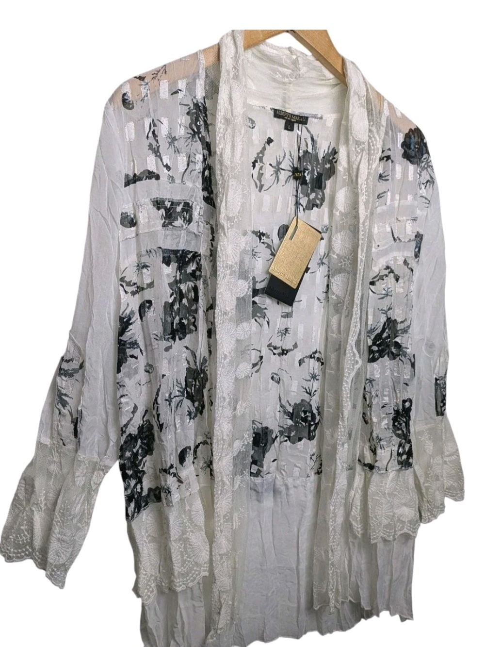 Alberto Makali Lightweight White Black Floral Lace Kimono Cardigan - Picture 5 of 12